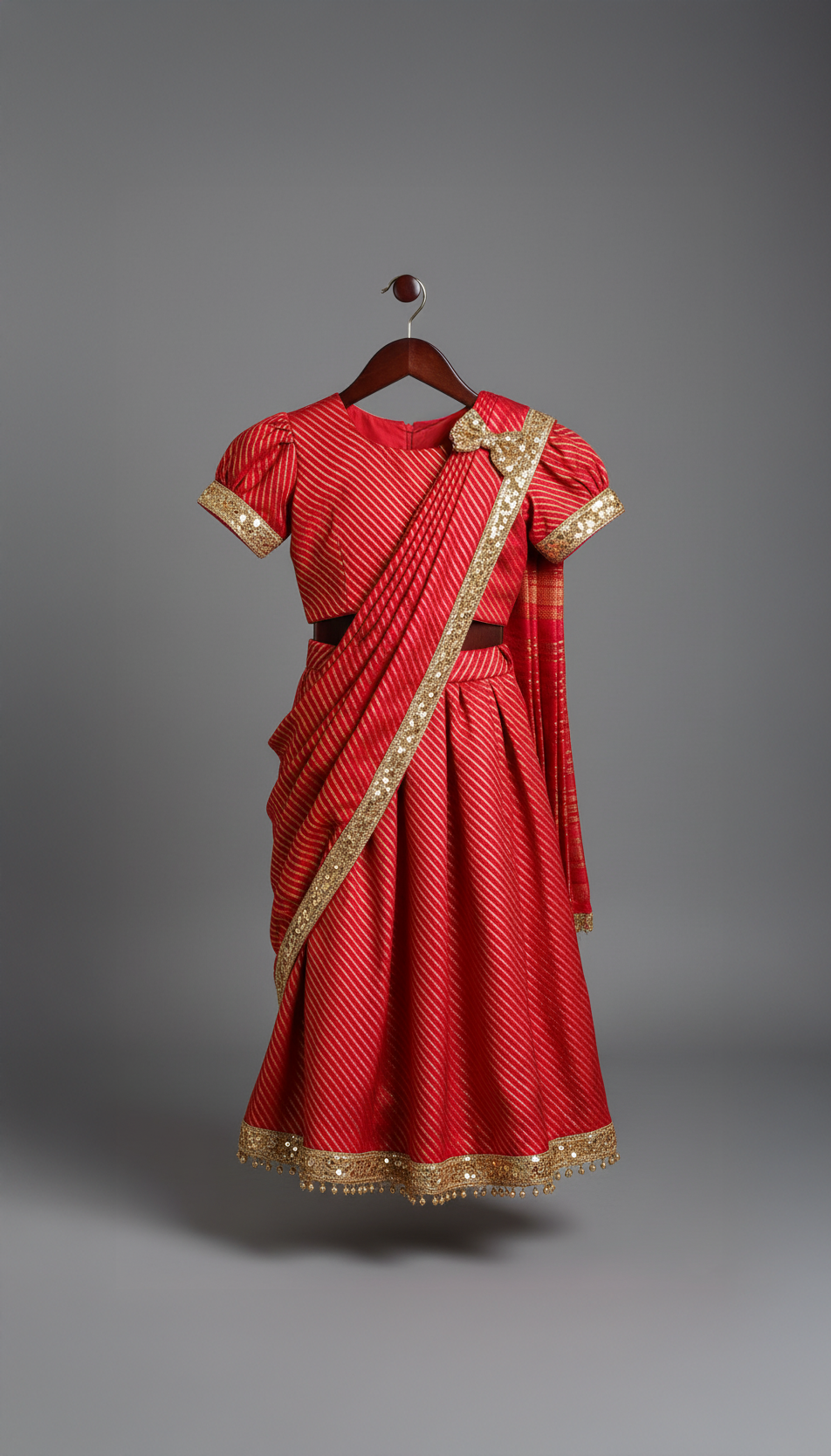 Scarlet Red and Gold Leheriya Print Pre-Draped Saree Style Lehenga with Sequins Border