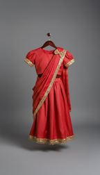 Scarlet Red and Gold Leheriya Print Pre-Draped Saree Style Lehenga with Sequins Border