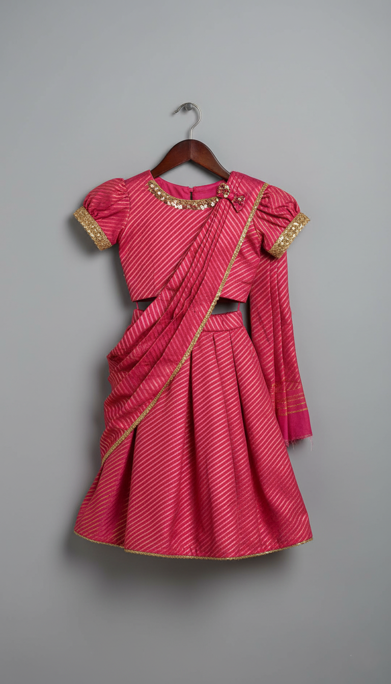 Hot Pink and Gold Leheriya Print Pre-Draped Saree Style Lehenga with Sequins