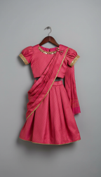 Hot Pink and Gold Leheriya Print Pre-Draped Saree Style Lehenga with Sequins