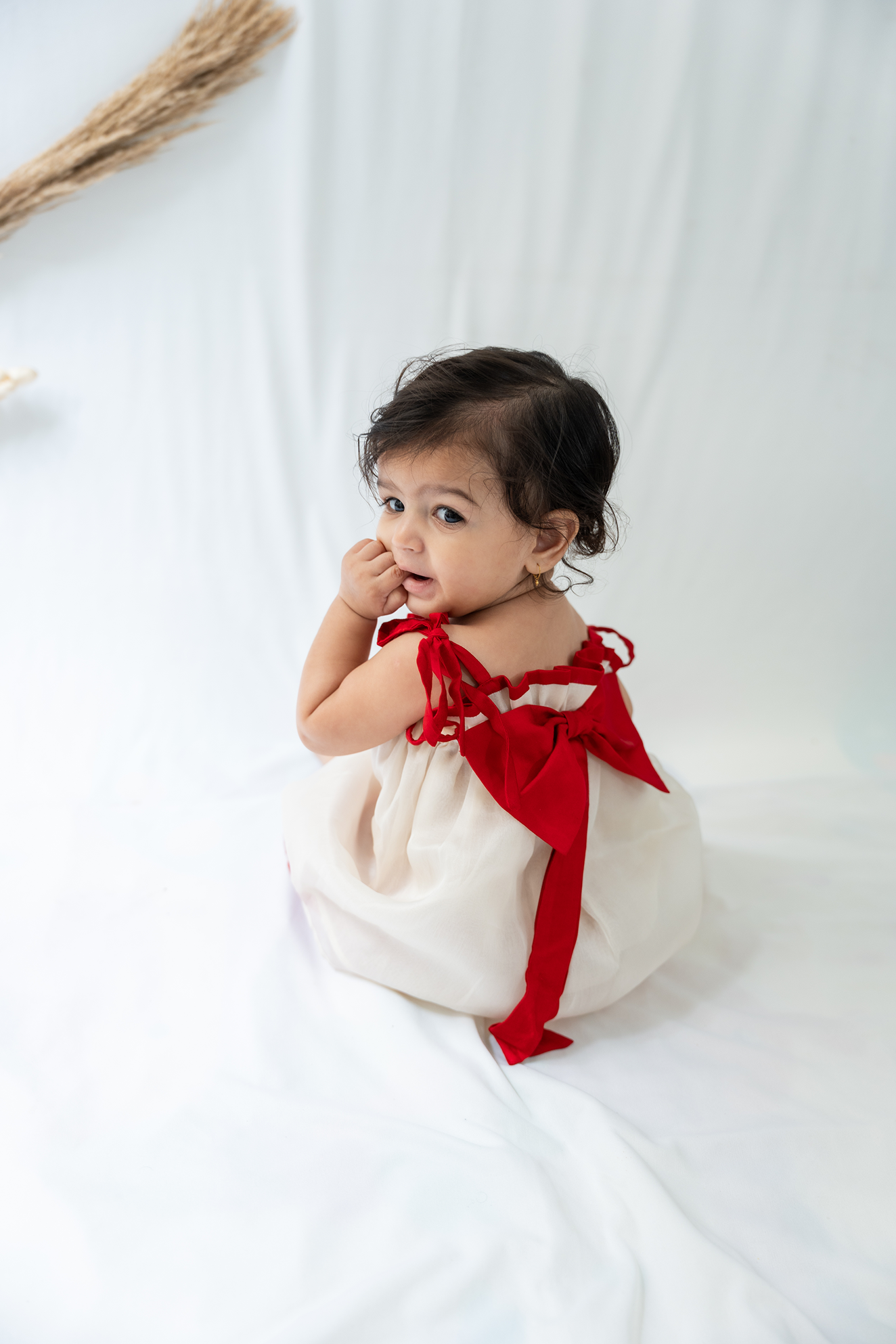 Off-White Top with Red Bow and Tie-up Straps Paired with Red Bloomers Set