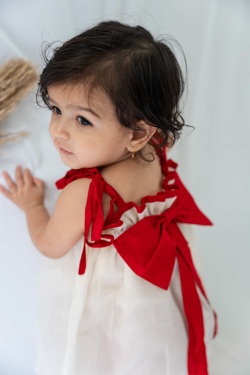 Off-White Top with Red Bow and Tie-up Straps Paired with Red Bloomers Set