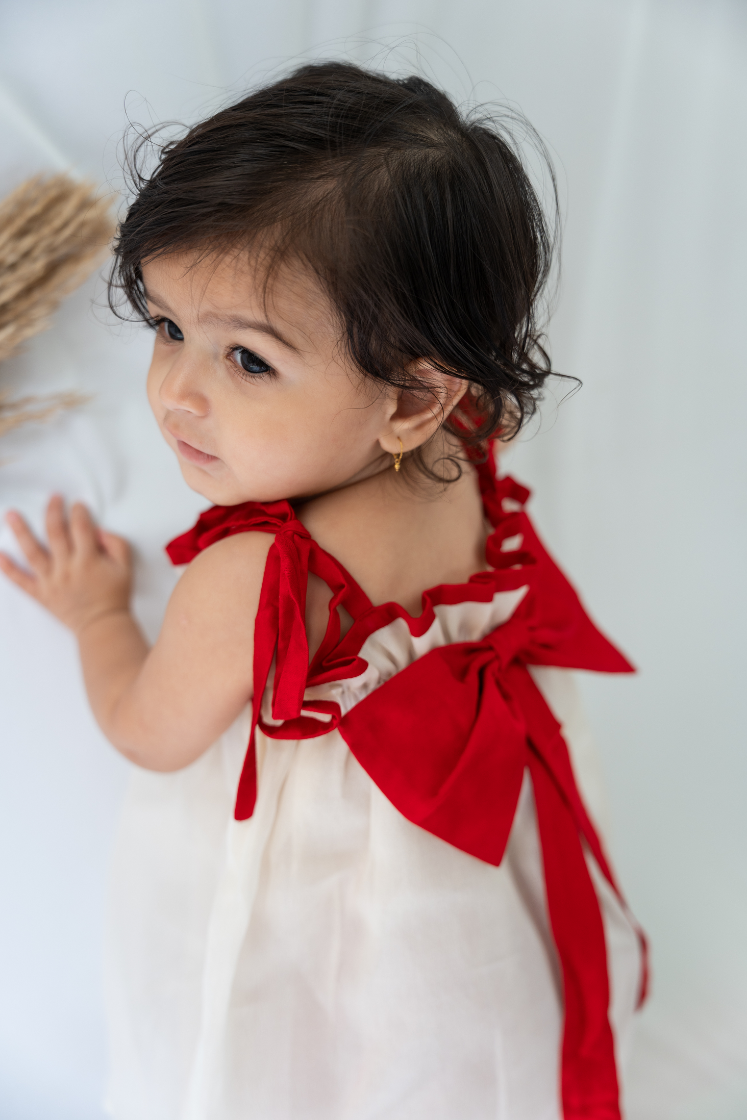 Off-White Top with Red Bow and Tie-up Straps Paired with Red Bloomers Set