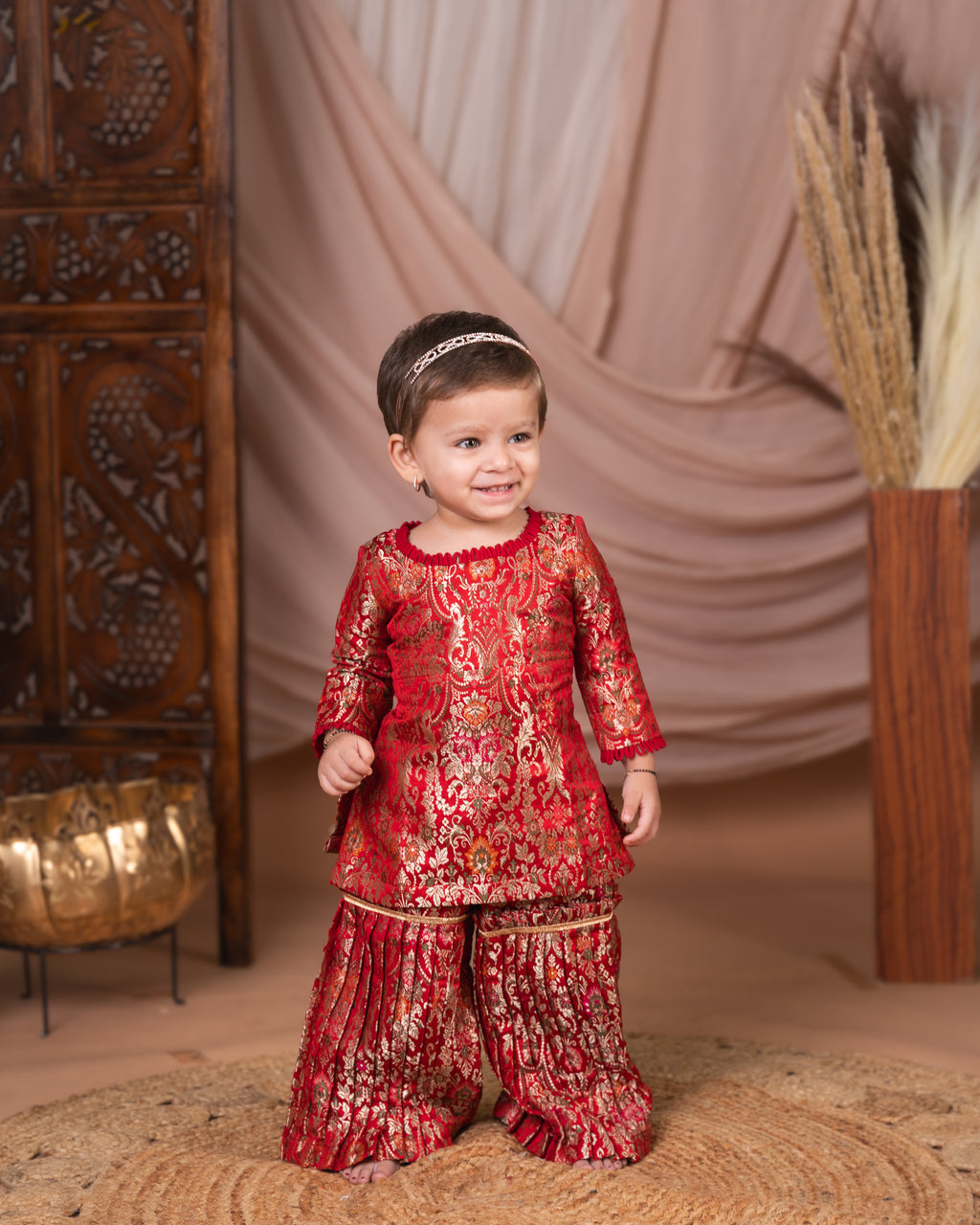 Red and Gold Brocade Kurti with Matching Tiered Sharara Pants