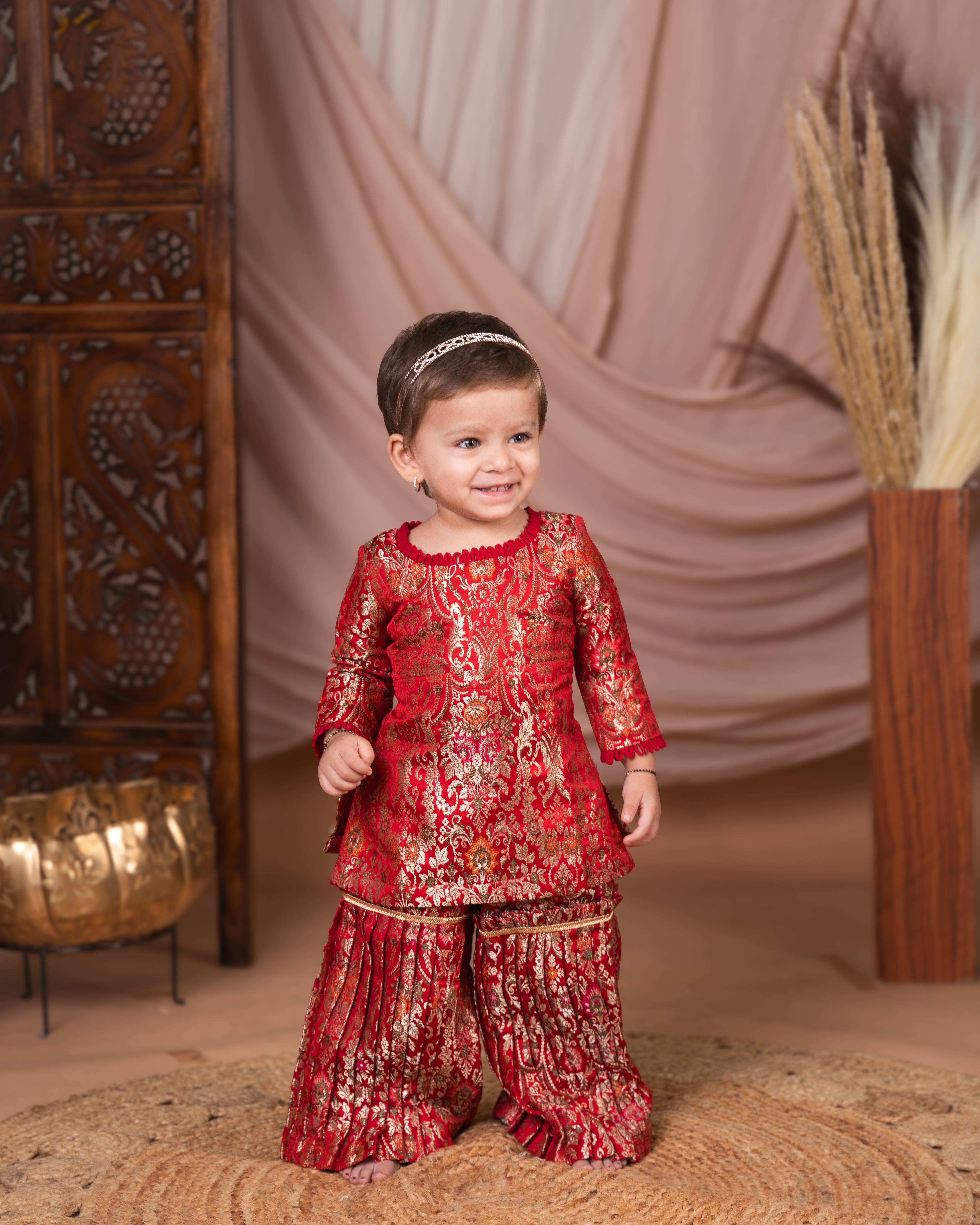 Red and Gold Brocade Kurti with Matching Tiered Sharara Pants