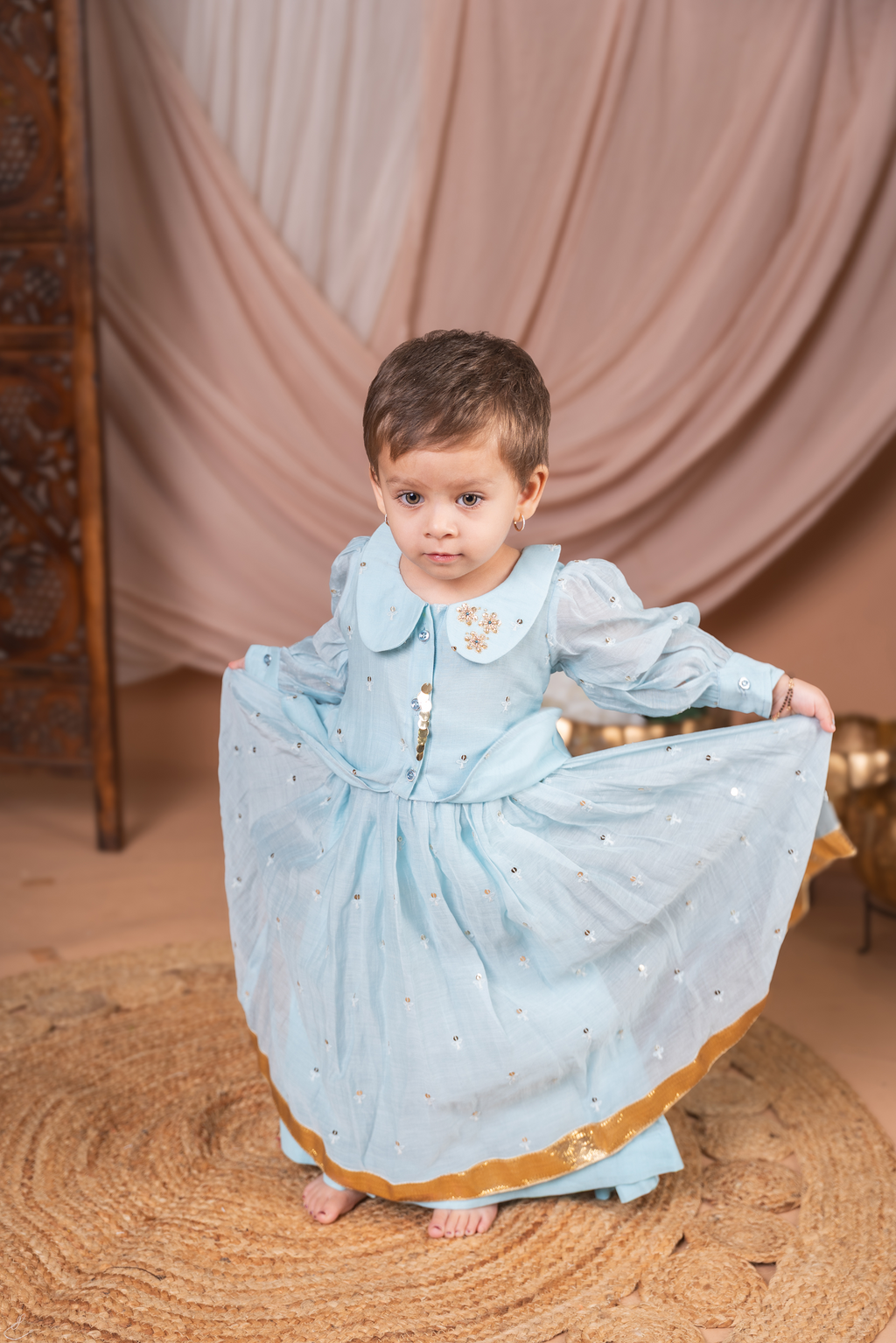 Powder Blue Peplum Top and Skirt Set with Gold Sequin Work