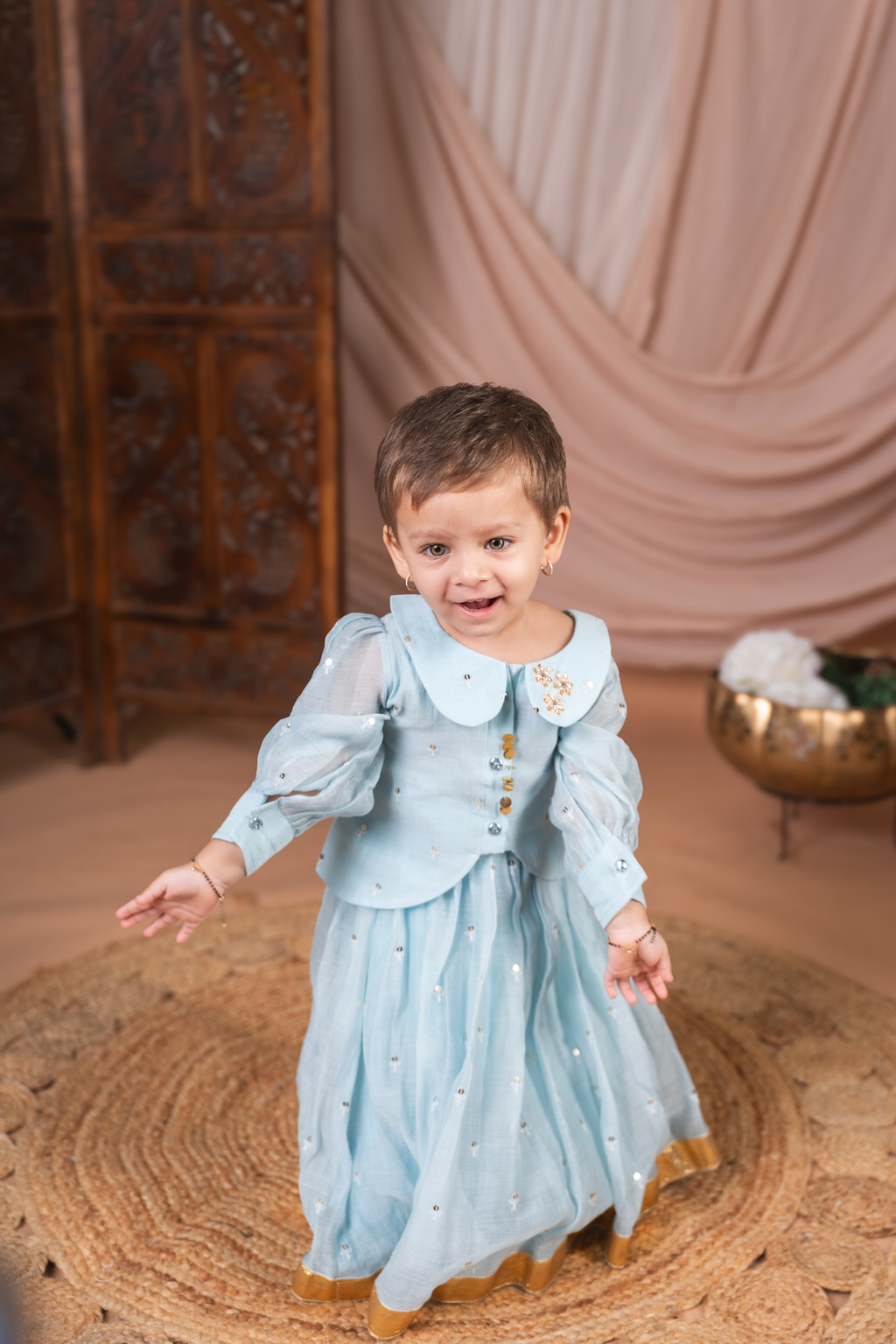 Powder Blue Peplum Top and Skirt Set with Gold Sequin Work