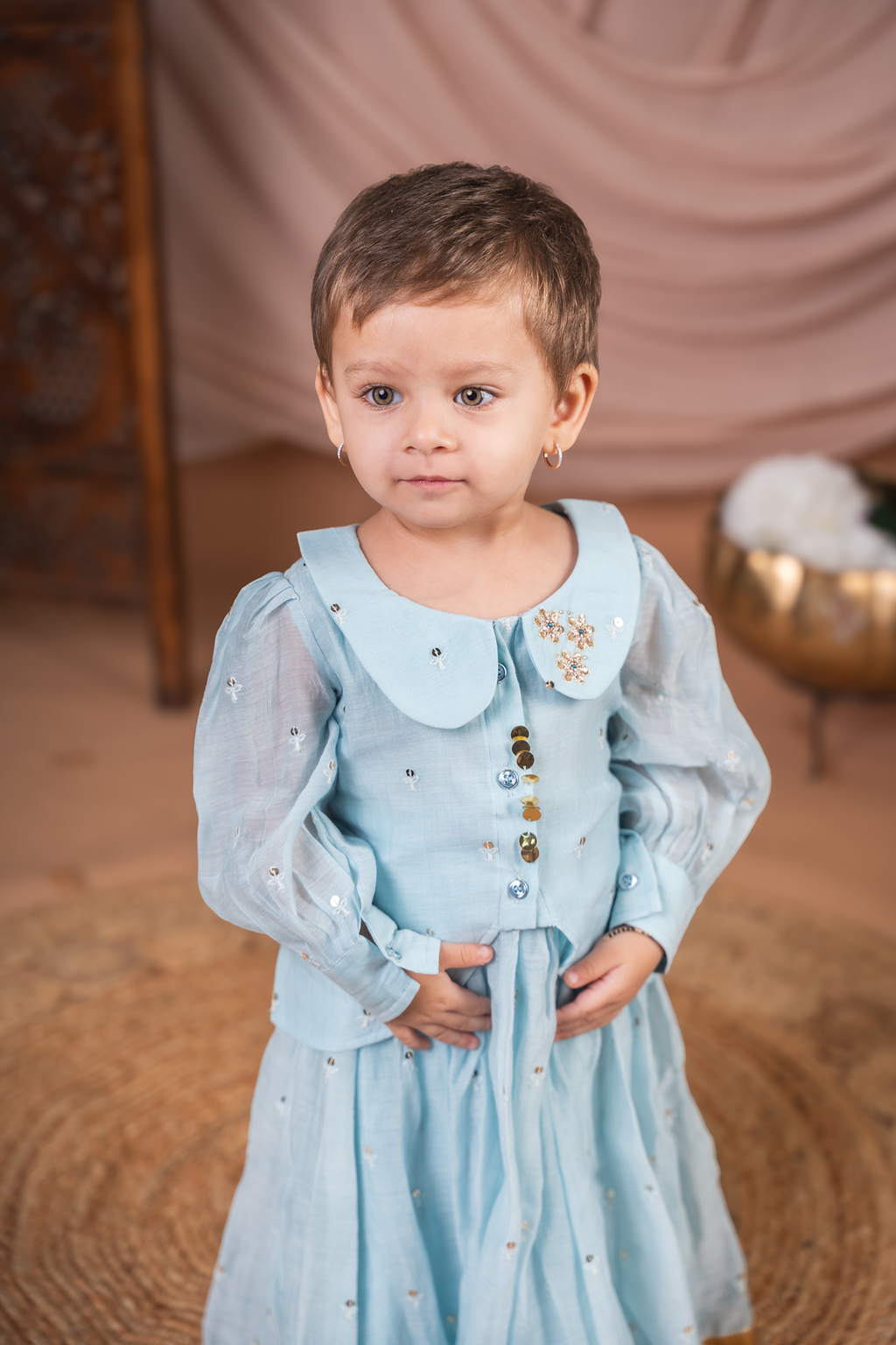 Powder Blue Peplum Top and Skirt Set with Gold Sequin Work