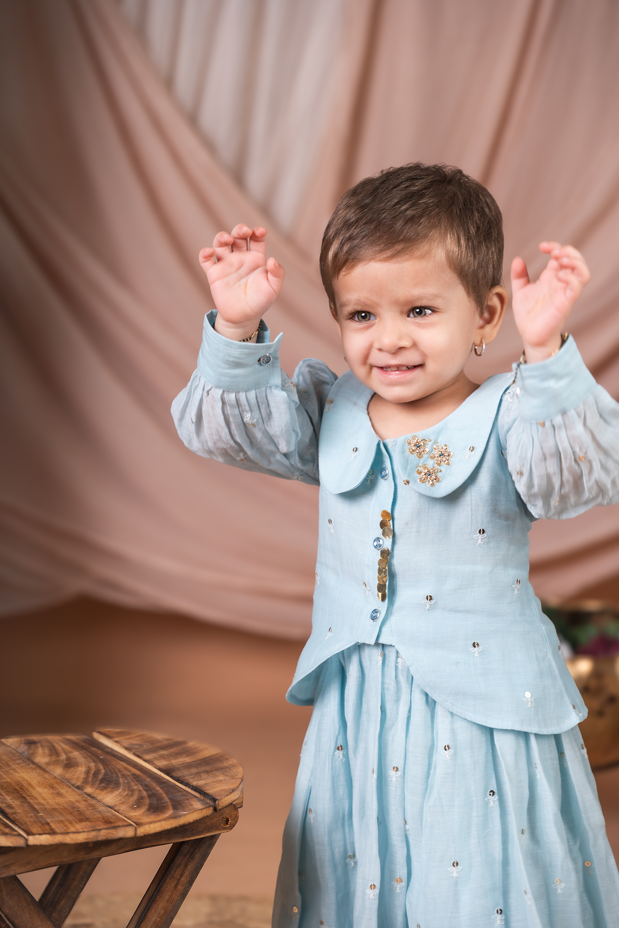 Powder Blue Peplum Top and Skirt Set with Gold Sequin Work