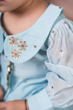 Powder Blue Peplum Top and Skirt Set with Gold Sequin Work