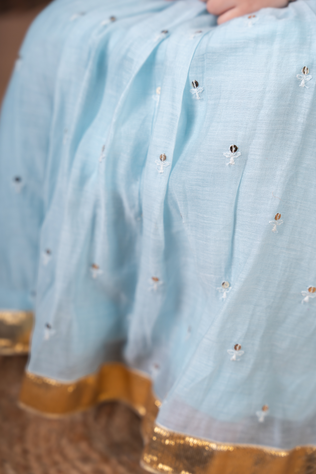 Powder Blue Peplum Top and Skirt Set with Gold Sequin Work