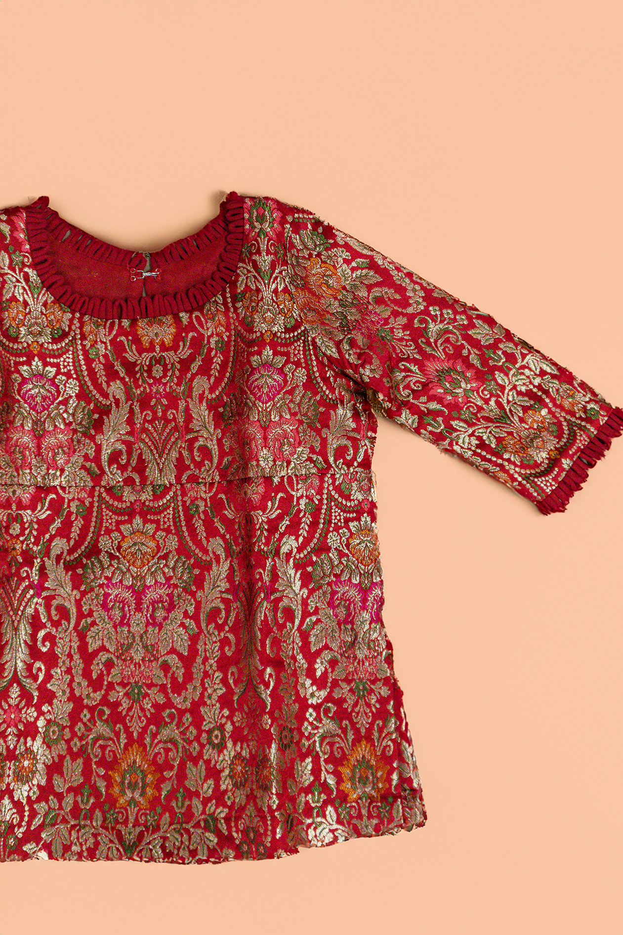 Red and Gold Brocade Kurti with Matching Tiered Sharara Pants