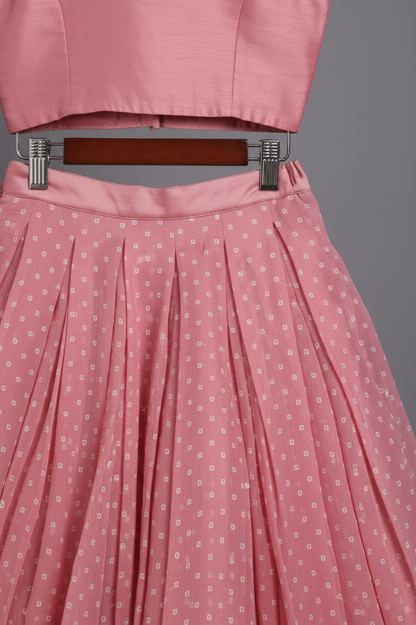 Dusty Rose Pink Brocade Crop Top with Embroidered Peter Pan Collar and bandana Print Skirt
