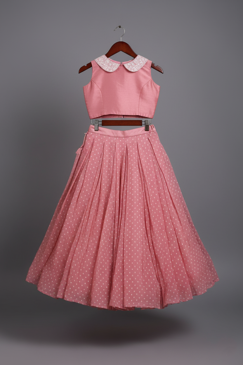 Dusty Rose Pink Brocade Crop Top with Embroidered Peter Pan Collar and bandana Print Skirt