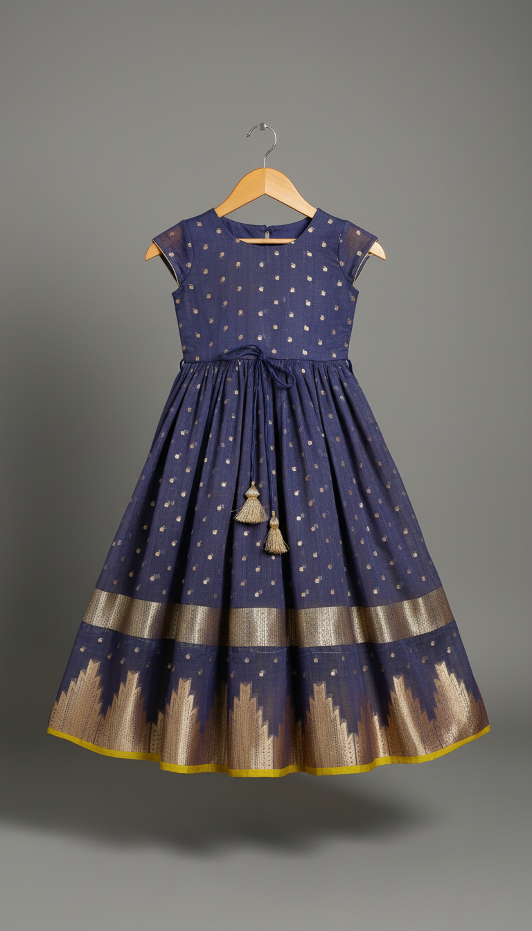 Dusty Indigo Gold Polka Dot Weave Festive Gown with Drawstring Waist and Chevron Border