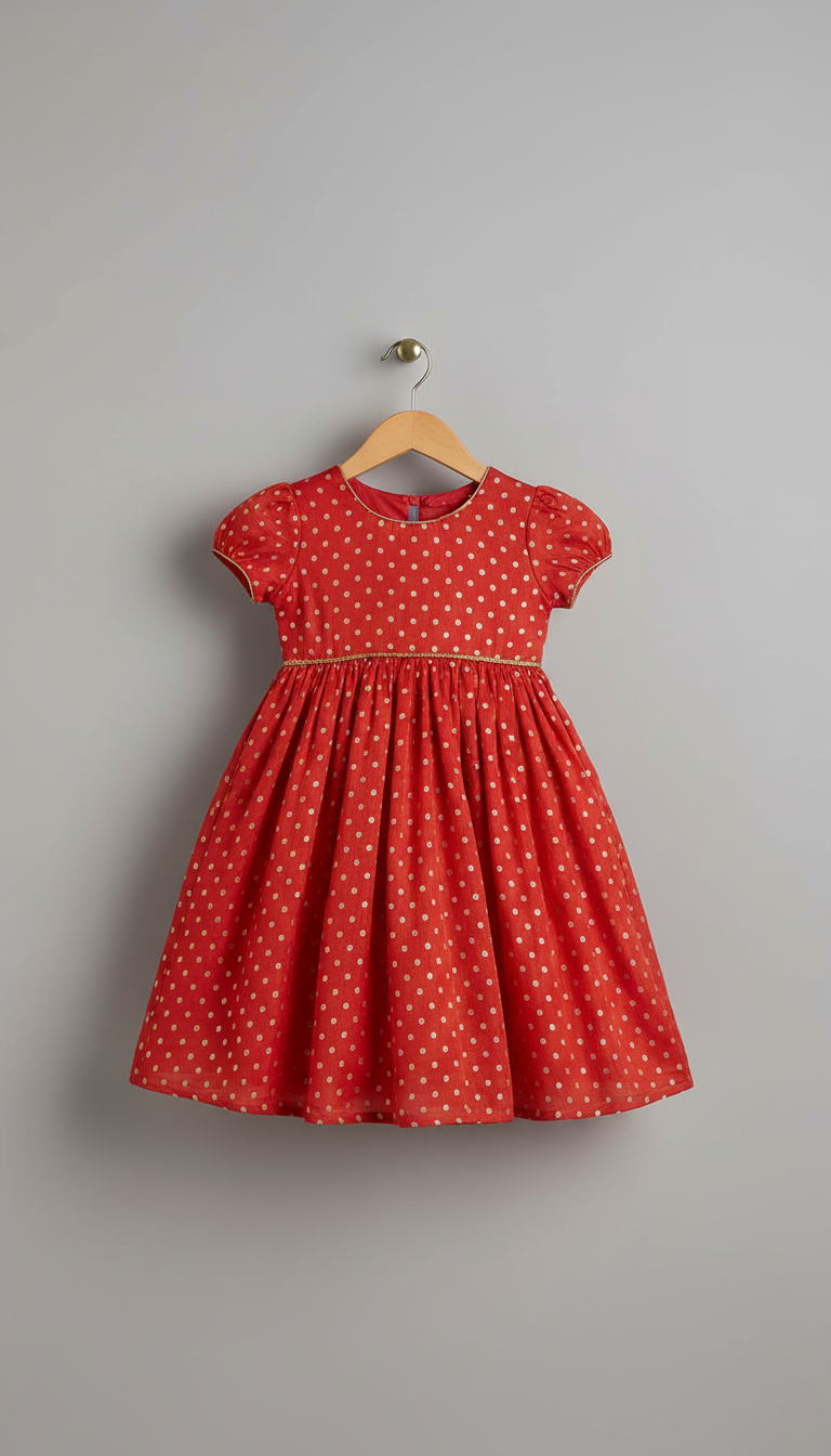 Red and Gold Foil Polka Dot Organza Dress with Puff Sleeves