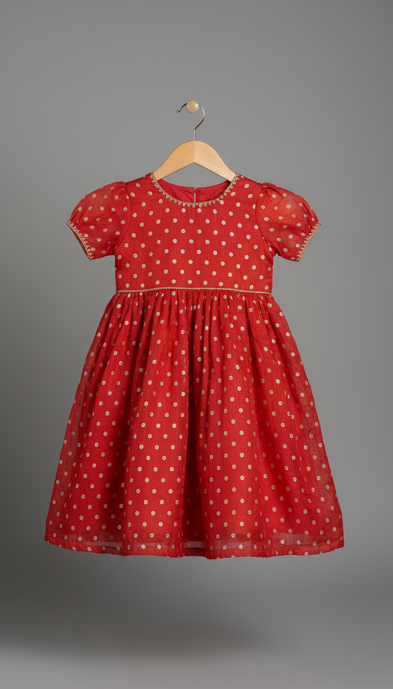 Red and Gold Foil Polka Dot Organza Dress with Puff Sleeves