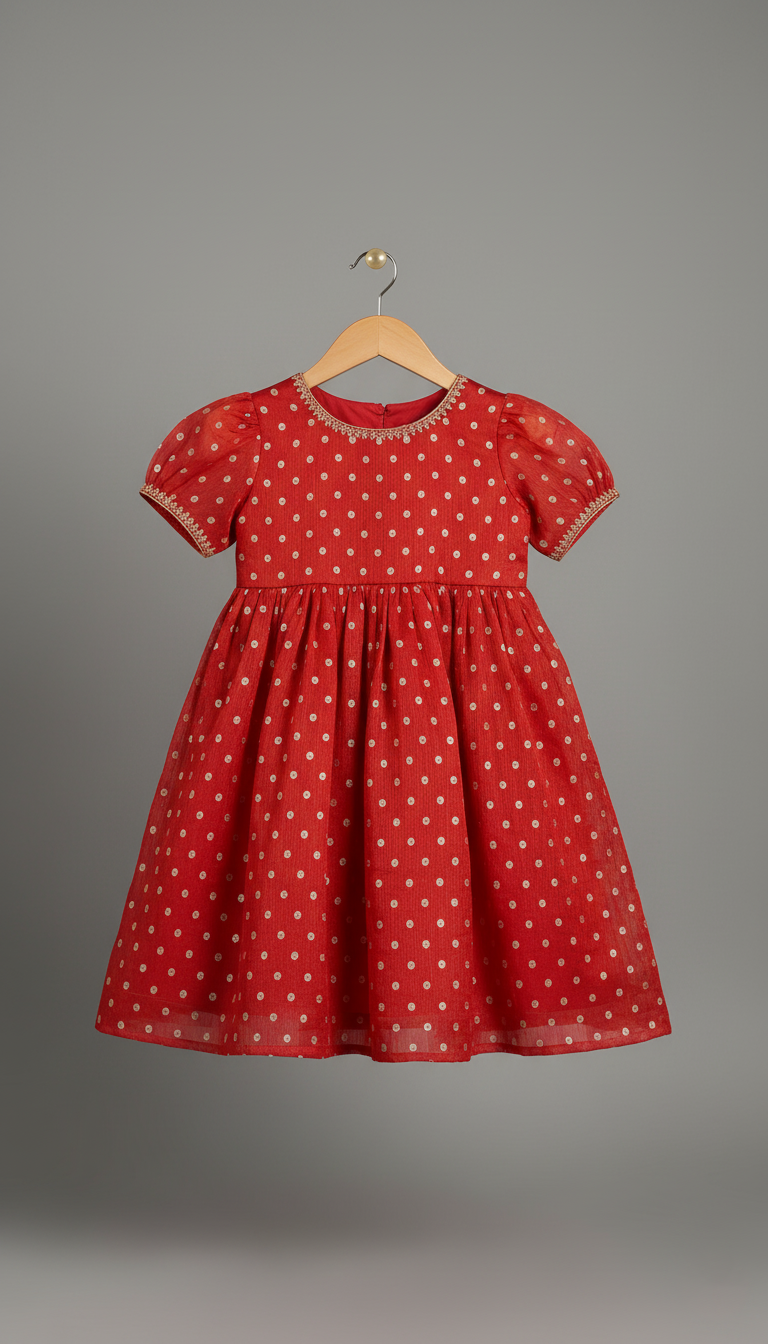 Red and Gold Foil Polka Dot Organza Dress with Puff Sleeves