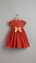 Red and Gold Foil Polka Dot Organza Dress with Puff Sleeves