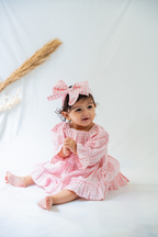 Pink Gingham Checked Dress and Diaper Cover Set with Matching Headband