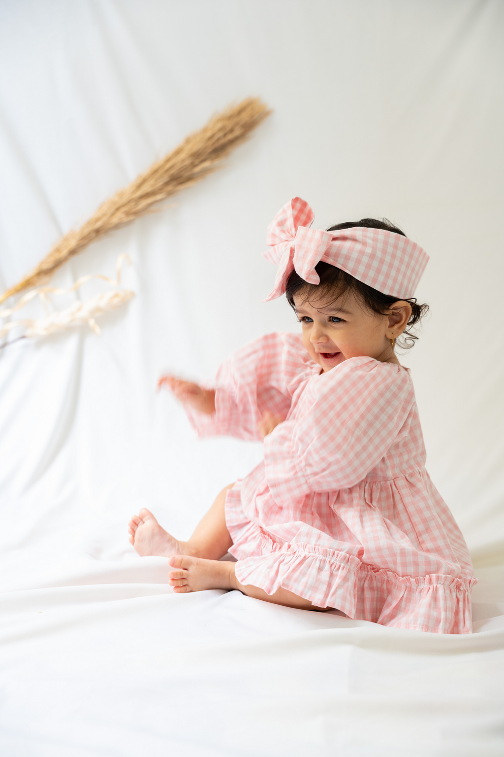 Pink Gingham Checked Dress and Diaper Cover Set with Matching Headband