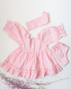 Pink Gingham Checked Dress and Diaper Cover Set with Matching Headband