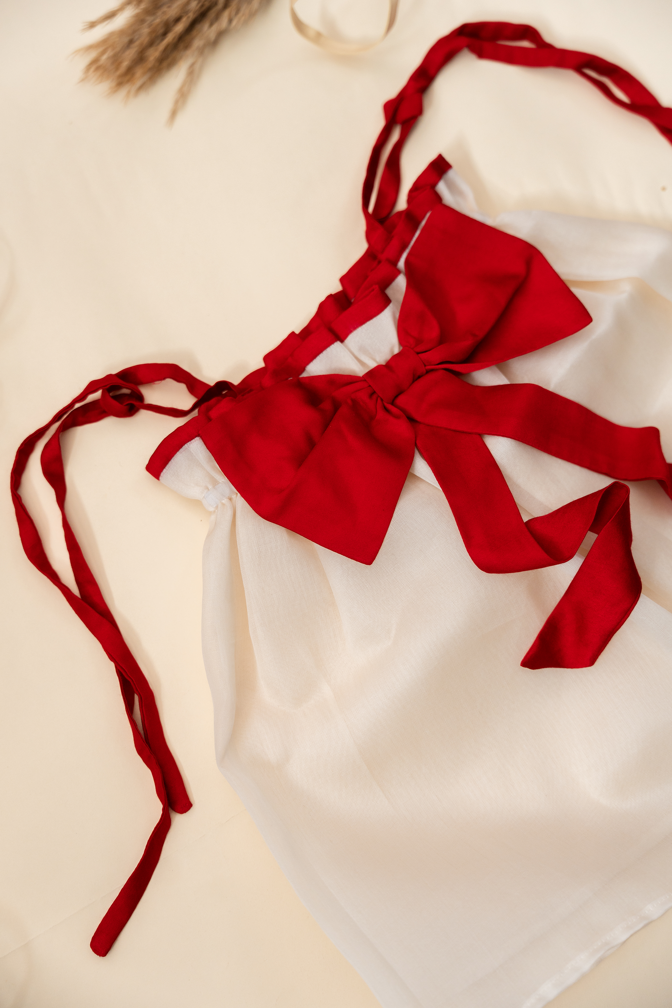 Off-White Top with Red Bow and Tie-up Straps Paired with Red Bloomers Set
