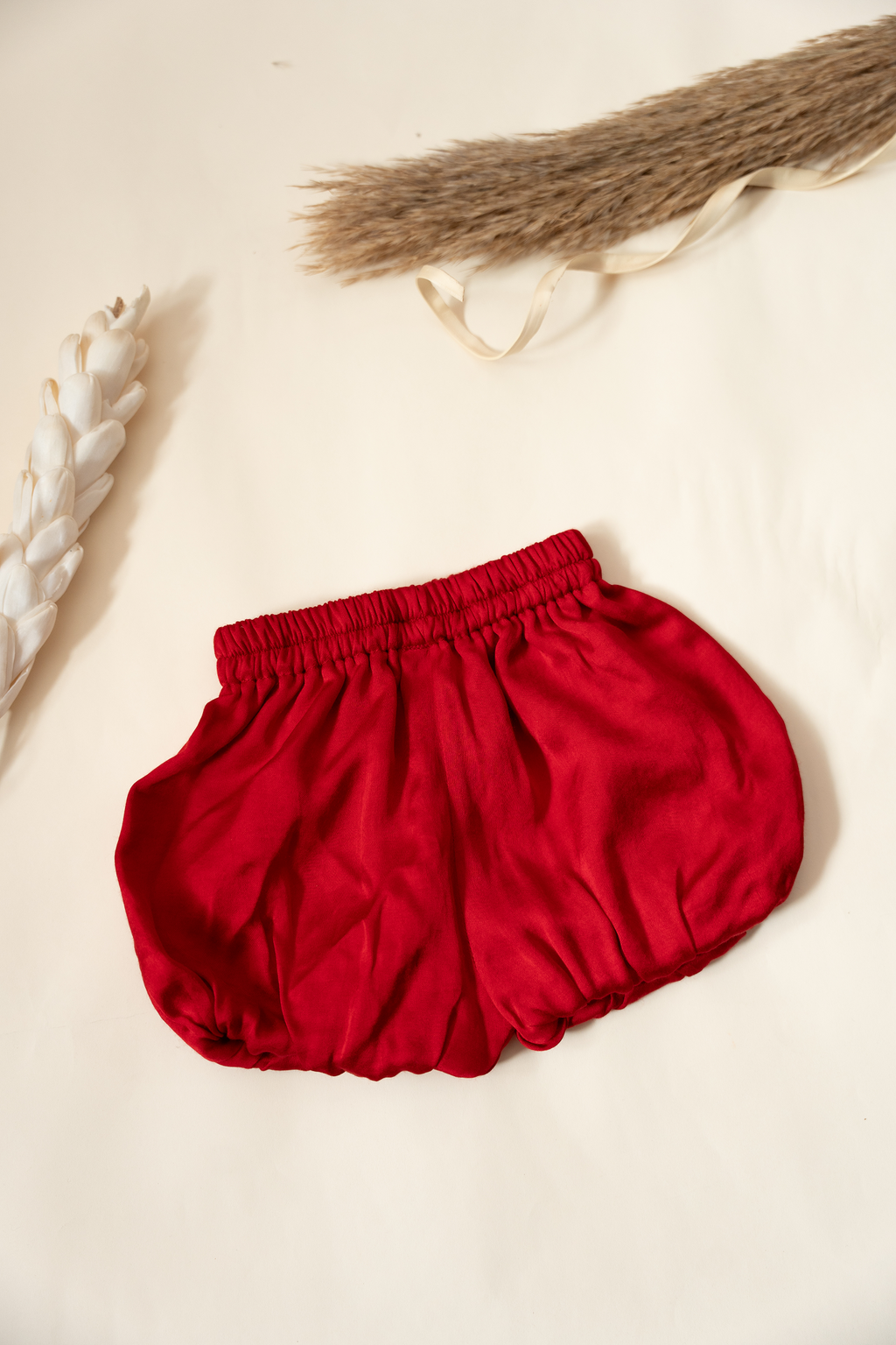 Off-White Top with Red Bow and Tie-up Straps Paired with Red Bloomers Set