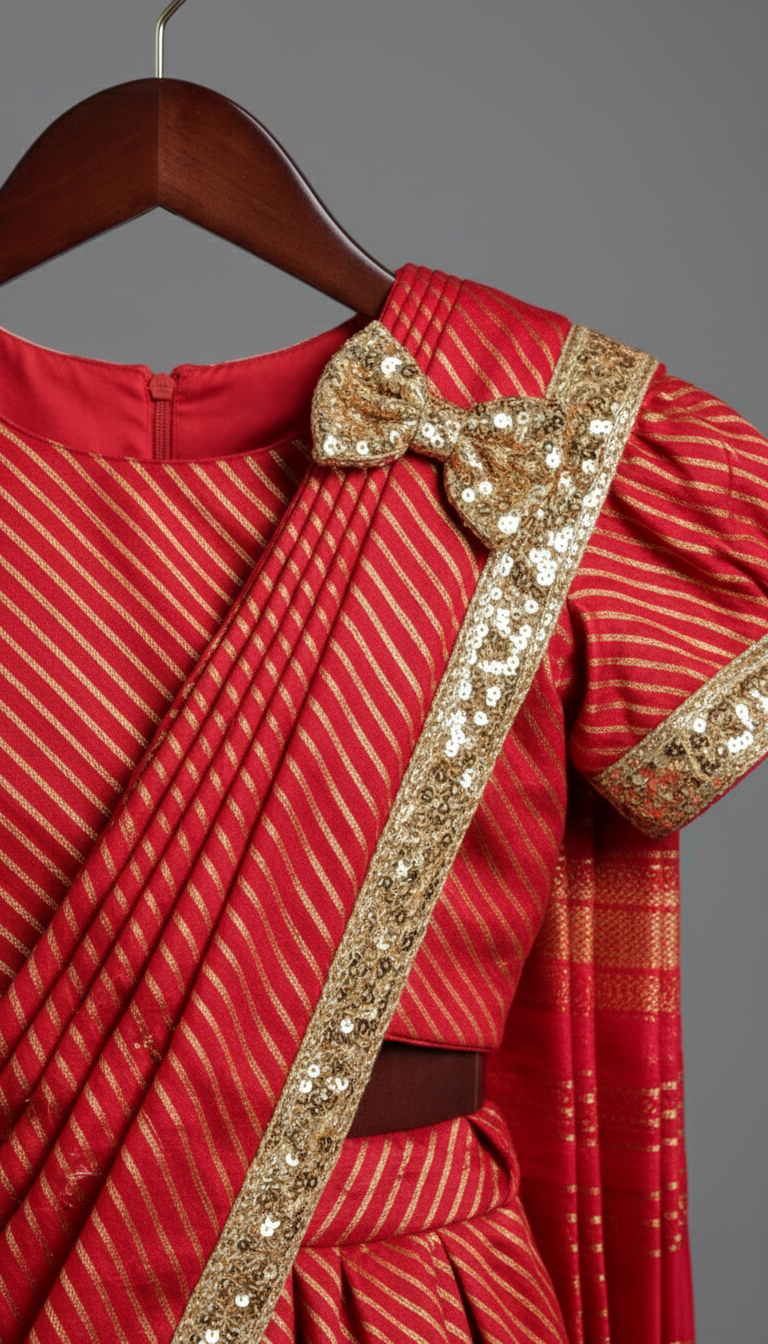 Scarlet Red and Gold Leheriya Print Pre-Draped Saree Style Lehenga with Sequins Border