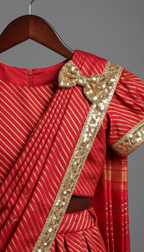 Scarlet Red and Gold Leheriya Print Pre-Draped Saree Style Lehenga with Sequins Border