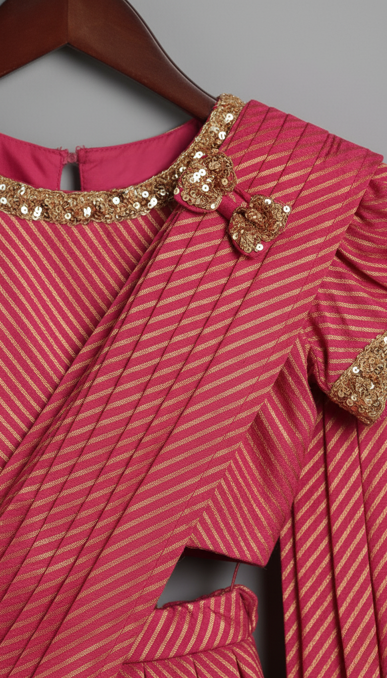 Hot Pink and Gold Leheriya Print Pre-Draped Saree Style Lehenga with Sequins