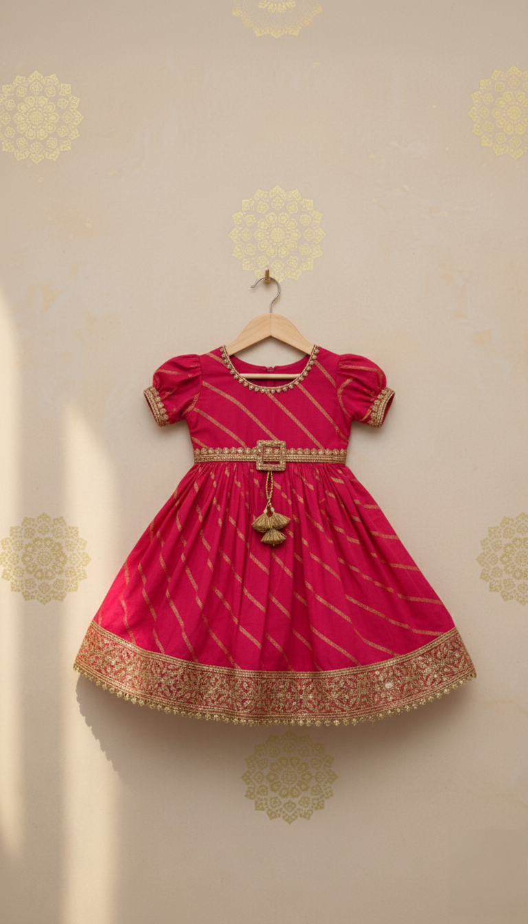 Rani Pink and Gold Leheriya Print Festive Dress with Waist Tassel and Heavy Border