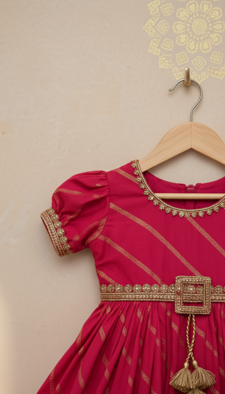 Rani Pink and Gold Leheriya Print Festive Dress with Waist Tassel and Heavy Border