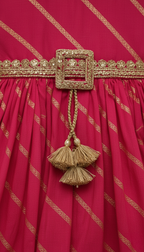 Rani Pink and Gold Leheriya Print Festive Dress with Waist Tassel and Heavy Border