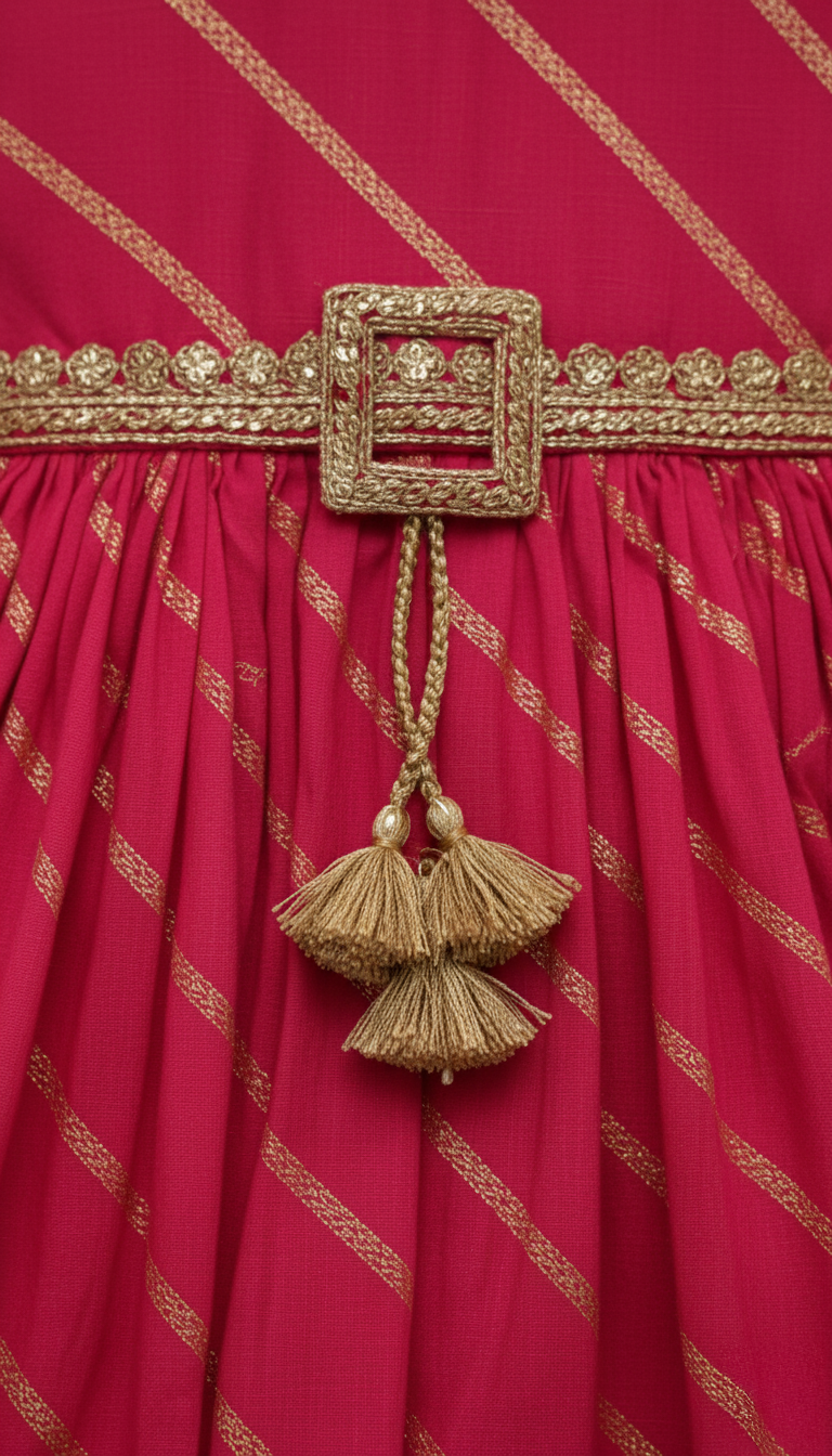 Rani Pink and Gold Leheriya Print Festive Dress with Waist Tassel and Heavy Border