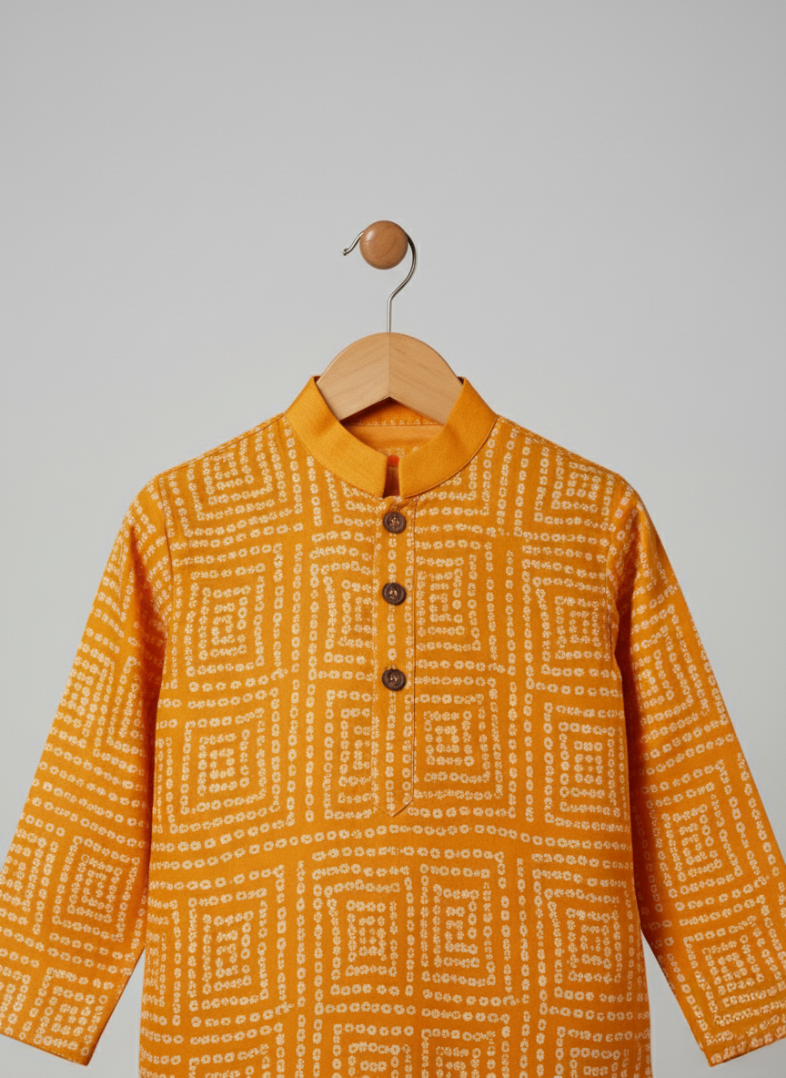 Mustard Yellow Bandhani Geometric Print Kurta with Solid Matching Pajama