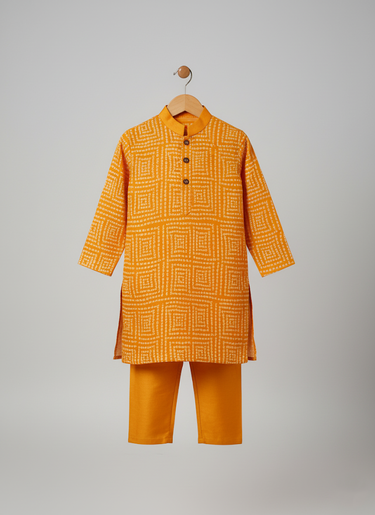 Mustard Yellow Bandhani Geometric Print Kurta with Solid Matching Pajama